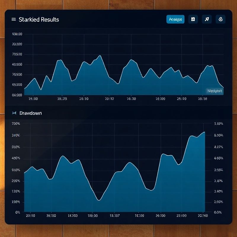 Panel de resultados de backtesting con curvas de Sharpe y drawdown